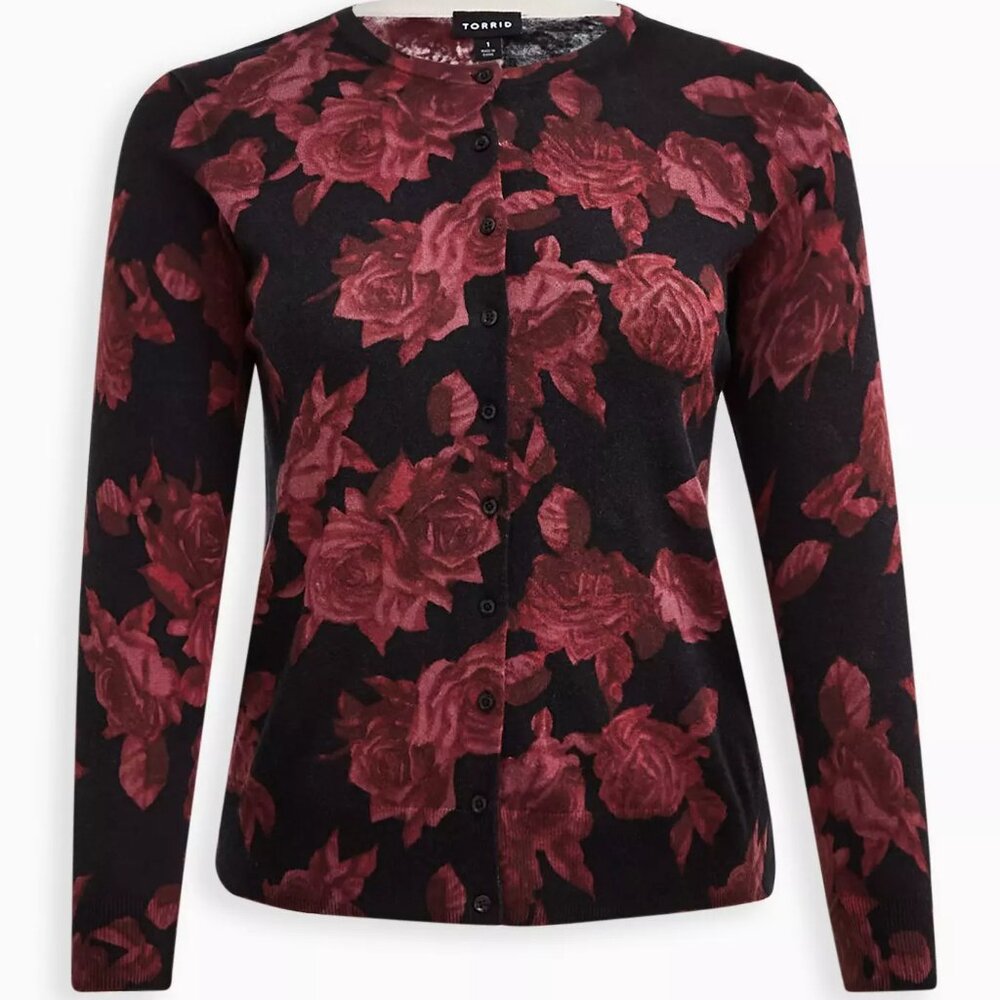 Torrid Classic crew neck Cardigan - Floral Black sz 5